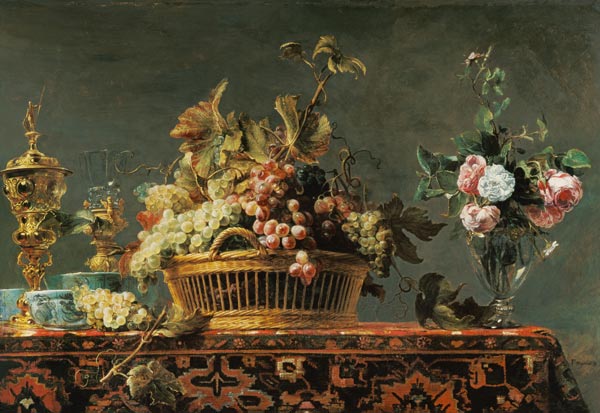 Grapes in a basket and roses in a vase de Frans Snyders