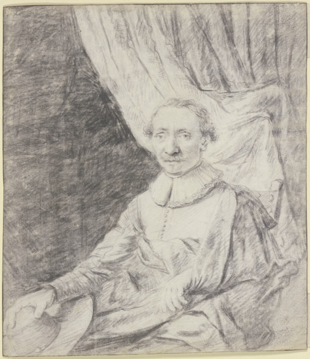 Porträt eines Mannes im Mantel, den Hut in der Hand, vor einem Vorhang sitzend de Frans van Mieris d. Ä.