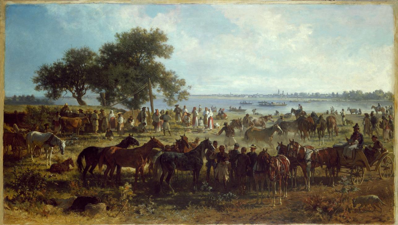 Schiffsfähre am Ufer der Theiss (Pferdemarkt am Ufer der Theiss) de Franz Adam