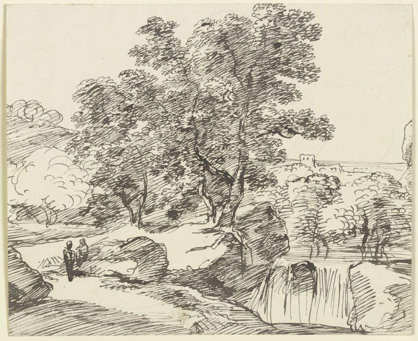 Baumbestandener Fluss mit Wasserfall de Franz Innocenz Josef Kobell