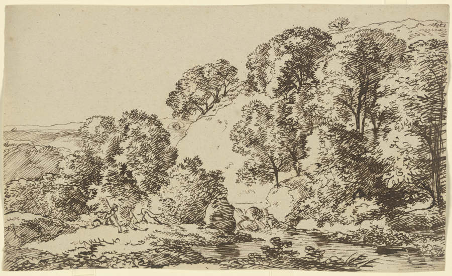 Baumbestandener Hügel, im Vordergrund ein Gewässer mit lagernden Wanderern de Franz Innocenz Josef Kobell
