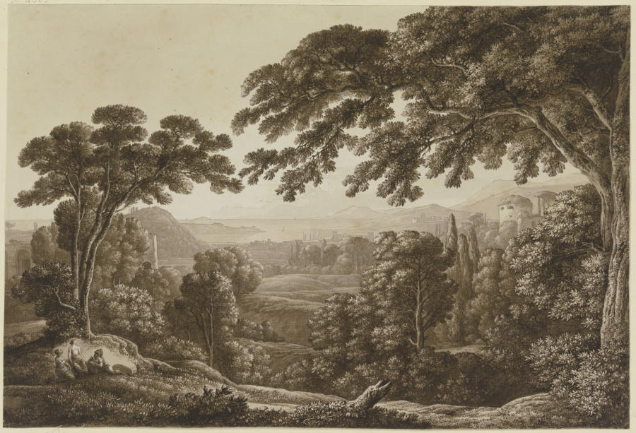 Baumreiche Berglandschaft mit Ruinen de Franz Innocenz Josef Kobell