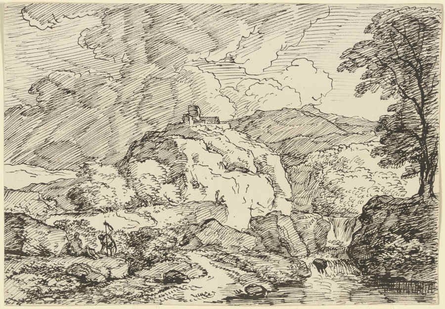 Berglandschaft mit einer Burg auf einem Felssporn und aufziehendem Gewitter, im Vordergrund zwei Wan de Franz Innocenz Josef Kobell