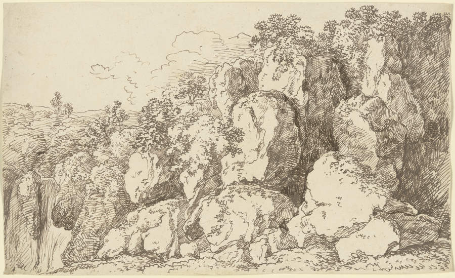 Bewachsene Felspartie, links ein Wasserfall de Franz Innocenz Josef Kobell