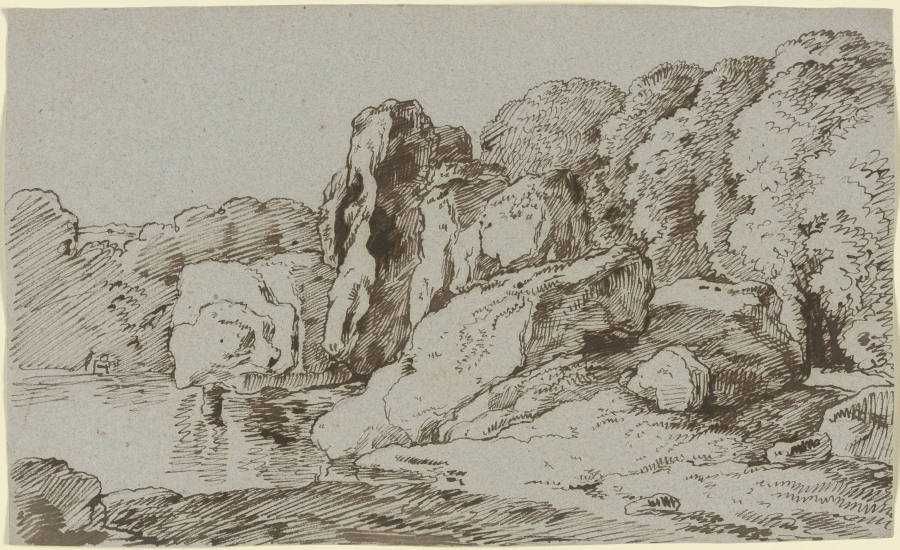 Felsen und Wald an einem Gewässer de Franz Innocenz Josef Kobell