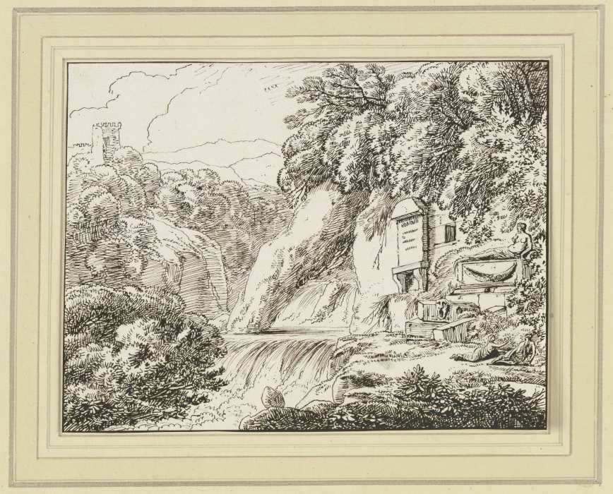 Landschaft mit Wasserfall, rechts ein Epitaph sowie ein Sarkophag de Franz Innocenz Josef Kobell