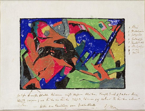 Two Horses, 1911-12 (hand coloured print) de Franz Marc