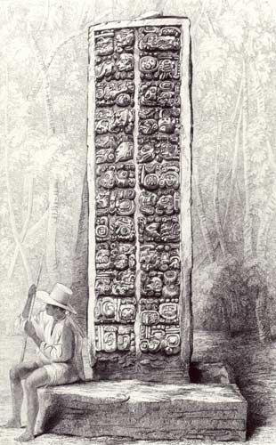 Hieroglyphs on the rear of a monument at Copan, Honduras, from volume I of 'Incidents of Travel in C de Frederick Catherwood