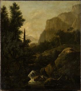 Mountain Landscape with Deer Hunt at a Waterfall