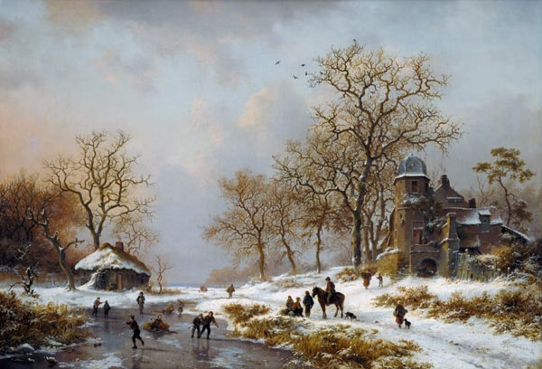 Winter landscape with pond having been cold and sk de Frederik Marianus Kruseman