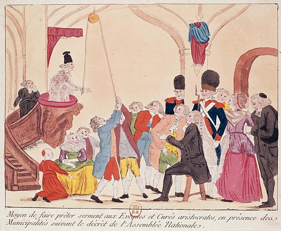 Caricature of the way to make aristocratic bishops and priests swear the oath for the Civil Constitu de French School