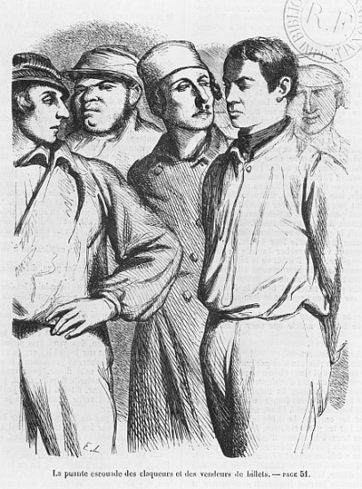 The arrogant squad of hired applauders and ticket sellers, illustration from ''Les Illusions perdues de French School