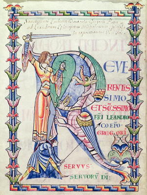 Ms 168 f.4v Historiated initial 'R' depicting a knight fighting a dragon, from 'Moralia in Job' by P de French School, (12th century)