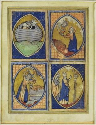 Noah receiving the White Dove, Moses receiving the Tables of the Law, the sacrifice of Abraham, Mose de French School, (13th century)