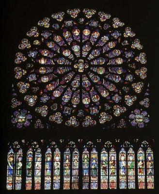 South transept rose window depicting Christ in the centre surrounded by saints and the twelve apostl de French School, (13th century)