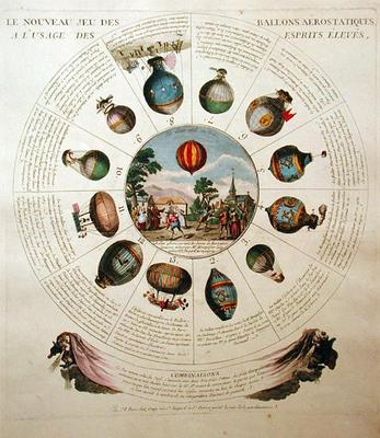 The Ballooning Game, with illustrations of different hot air balloons, c.1784 (coloured engraving) de French School, (18th century)