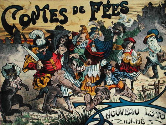 Fairy tale characters painted on the box lid of a game of lotto de French School, (19th century)