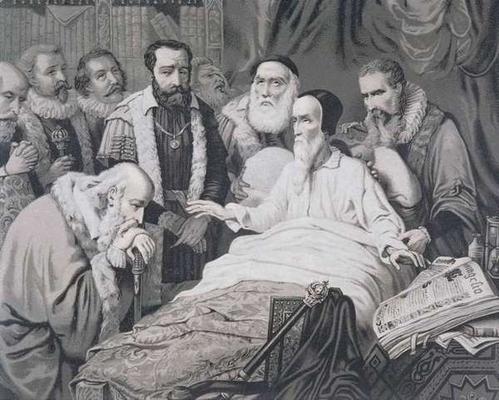 John Calvin (1509-1564) on his Death Bed (engraving) de French School, (19th century)
