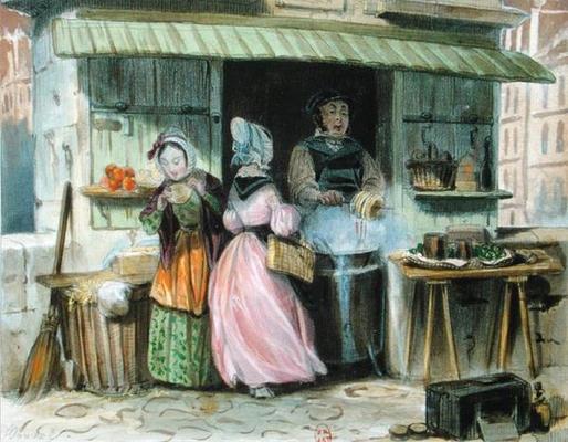 The merchant of 'oublies' in Paris, 1st half 19th century (colour litho) de French School, (19th century)
