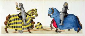 Two knights at a tournament, plate from 'A History of the Development and Customs of Chivalry', by D