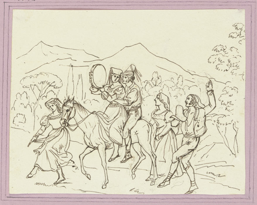 Eselsritt (Brautpaar auf einem Esel und drei weitere Figuren) de Friedrich Moosbrugger