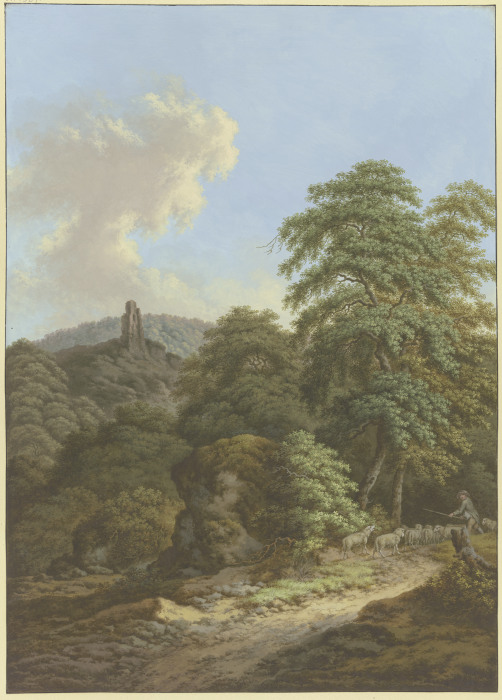 Blick auf eine Burgruine, im Vordergrund ein Schäfer mit Herde de Friedrich Rauscher