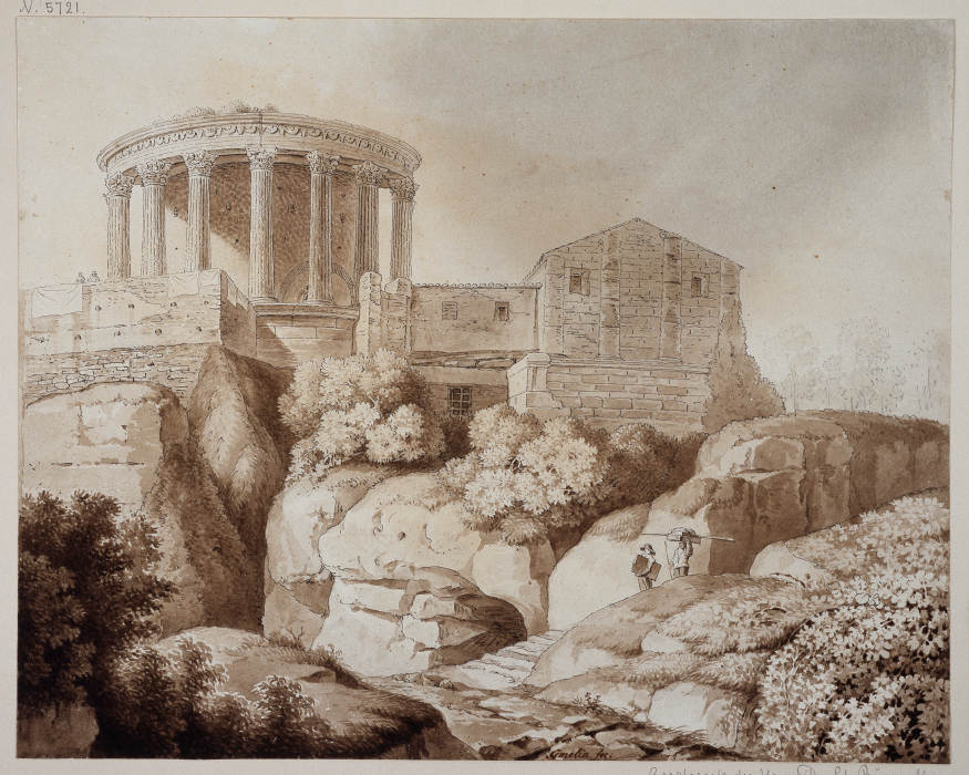 Der sogenannte Sibyllentempel zu Tivoli, der Tempel steht von Gebäuden umgeben über baumbestandenen  de Friedrich Wilhelm Gmelin
