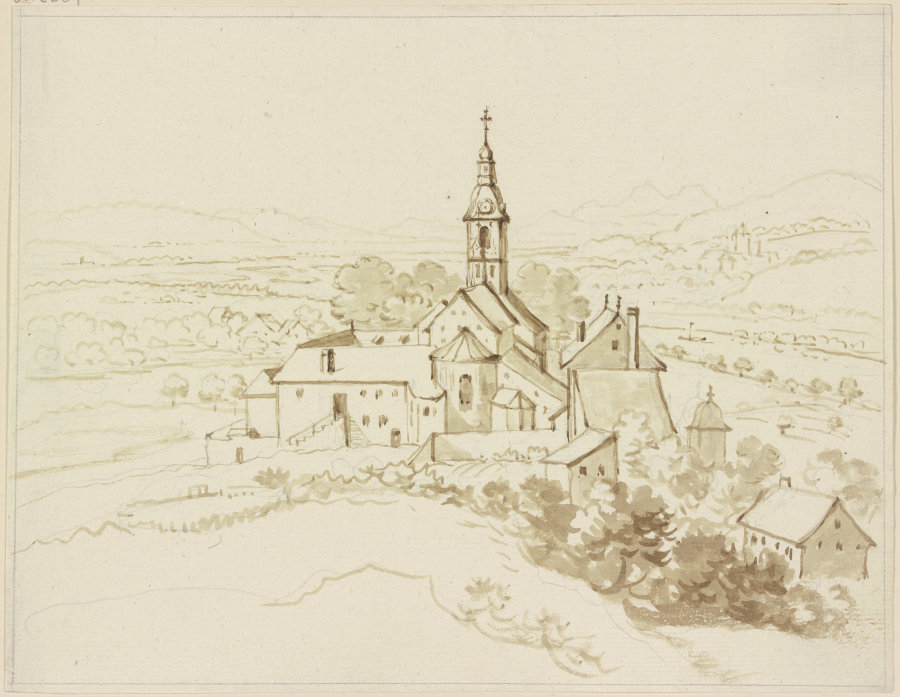 Blick auf eine Anhöhe mit der Stiftskirche Schönenwerd de Friedrich Wilhelm Hirt
