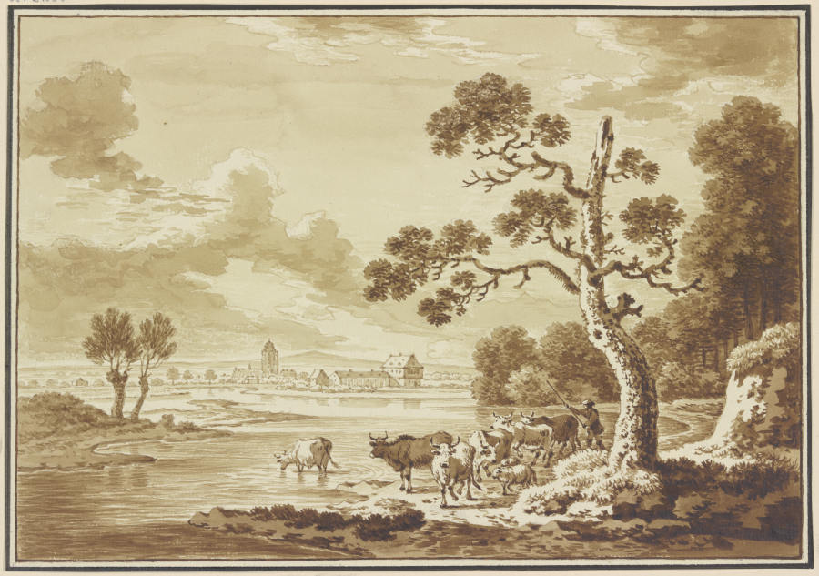 Cattle at the riverfront de Friedrich Wilhelm Hirt