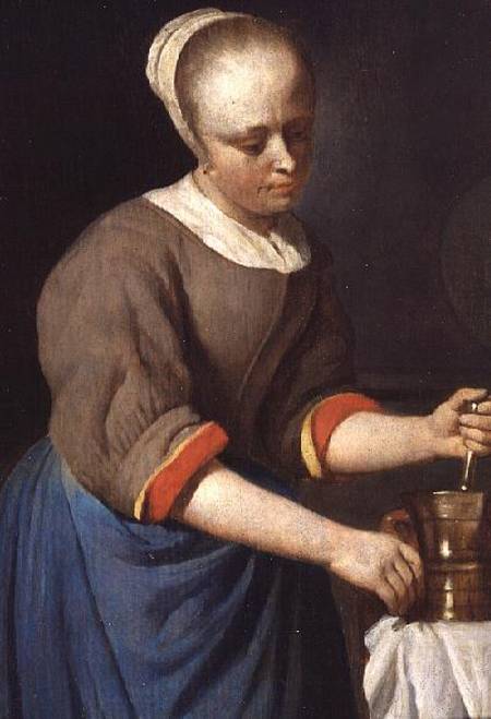 Young girl with a pestle and mortar de Gabriel Metsu