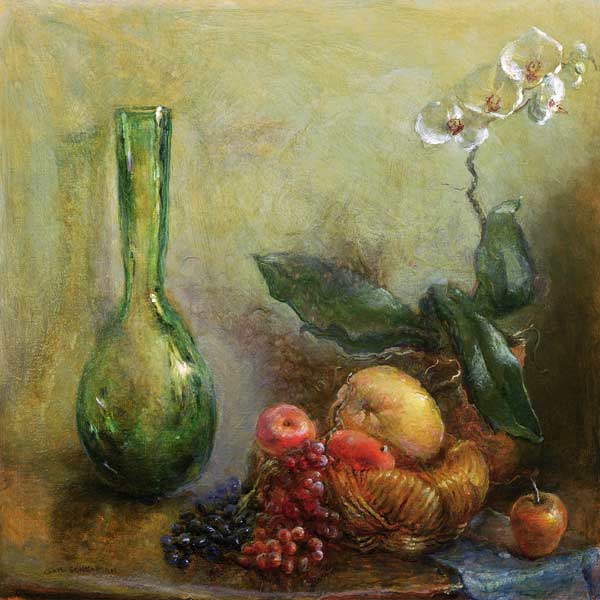 Orchid with Basket of Fruit and Green Vase (oil on canvas)  de Gail  Schulman