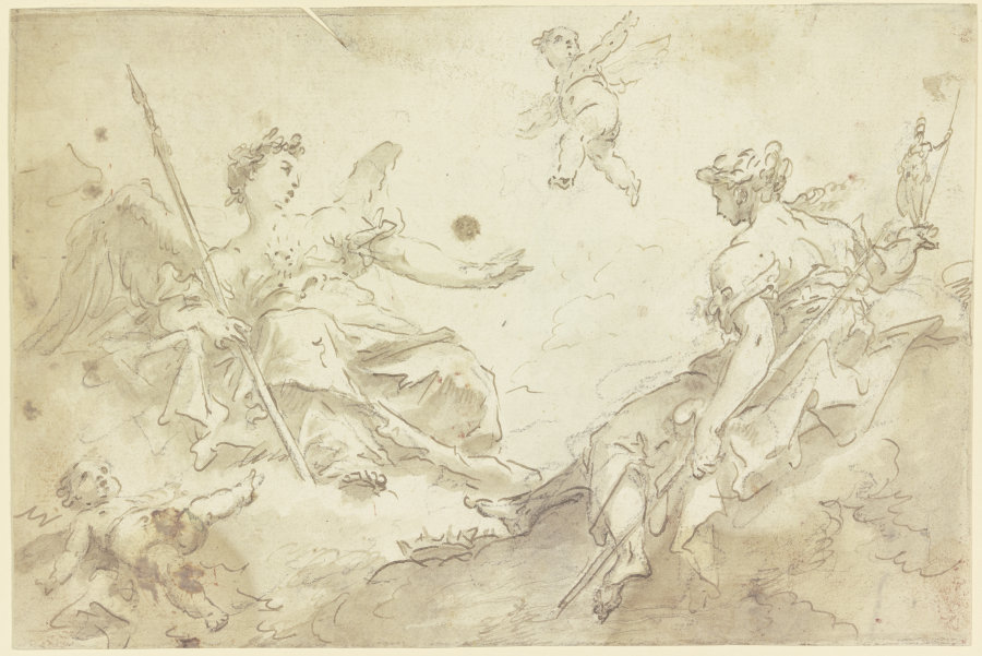 Zwei allegorische Frauenfiguren mit Putten auf Wolken (Virtù und Nobilità) de Gaspare Diziani