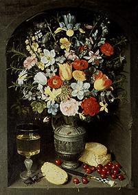 Bouquet of flowers being in a niche in a silver ju