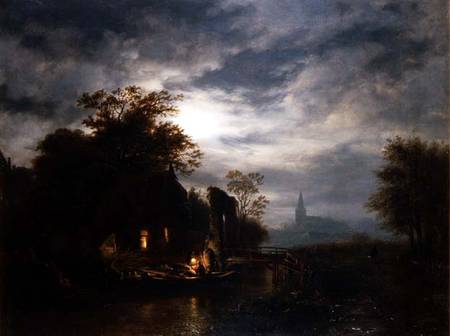 Moonlit river scene with figures unloading a boat de Georg Gillis van Haanen