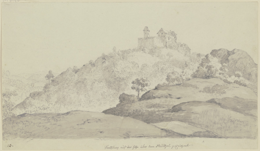 Blick auf die Wartburg von einer hügeligen Gegend aus, über der sich der Berg mit der Burg erhebt de Georg Melchior Kraus