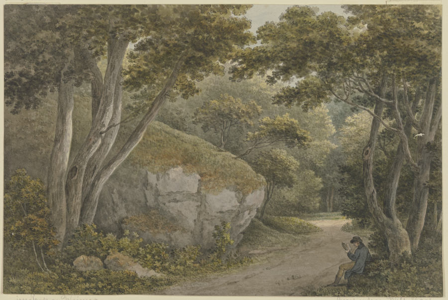 Weg in einem Park, links ein Felsblock de Georg Melchior Kraus