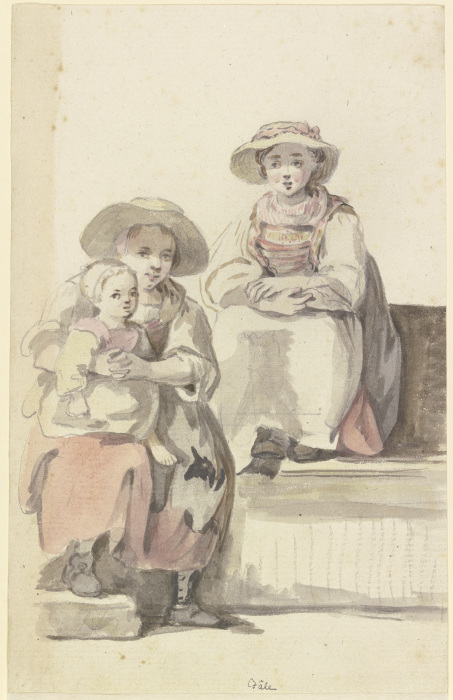 Zwei junge Bäuerinnen in Basel, die eine mit einem Kind auf dem Schoß de Georg Melchior Kraus
