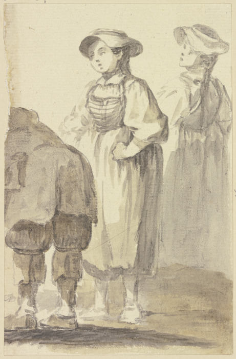 Zwei stehende Mädchen und ein - vom linken Bildrand überschnittener - sich bückender Mann, der vom R de Georg Melchior Kraus