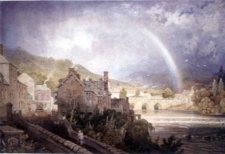 Village and Bridge of Llangollen, North Wales, with Rainbow Effect de George Barret