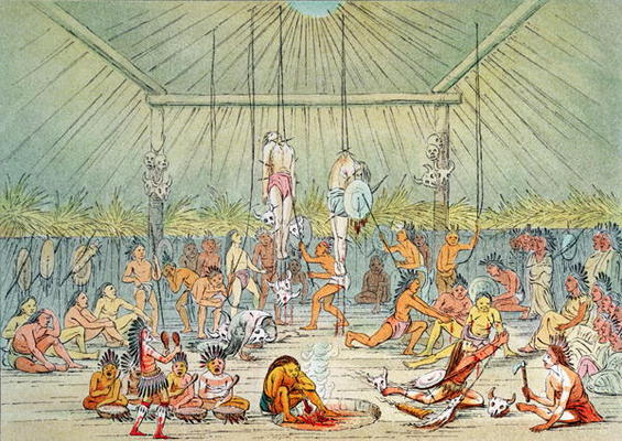 Mandan ceremony (colour litho) de George Catlin