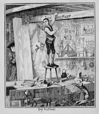 Jack carves his name on a beam in the shop of his former employer, illustration from 'Jack Sheppard: de George Cruikshank