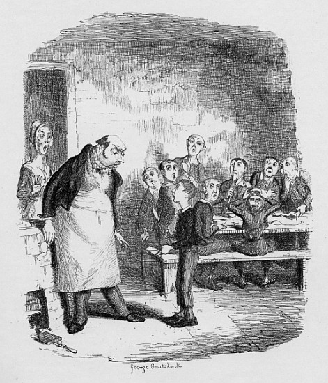 Oliver asking for more, from ''The Adventures of Oliver Twist'' Charles Dickens (1812-70) 1838, publ de George Cruikshank