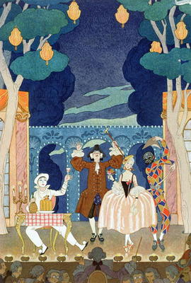 Pantomime Stage, illustration for 'Fetes Galantes' by Paul Verlaine (1844-96) 1924 (pochoir print) de Georges Barbier