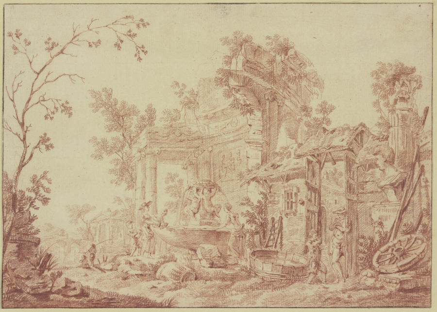 Unter römischen Ruinen ein Brunnen mit zwei Amoretten, an welchem Wäscherinnen beschäftigt sind de Georges-François Blondel