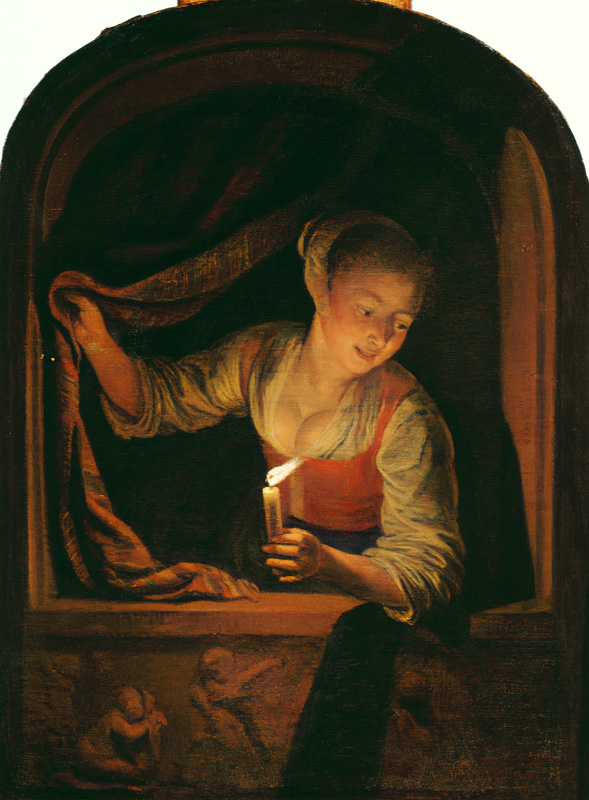 Woman with a lighted Candle at a Window de Gerard Dou