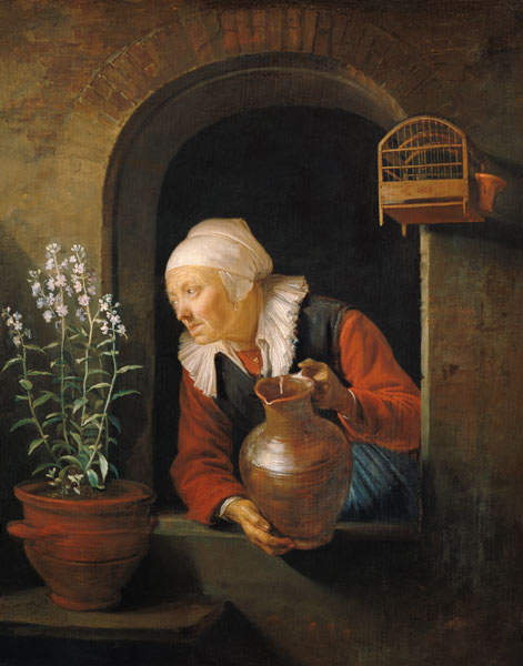 At the window, flowers pouring water on old woman. de Gerard Dou