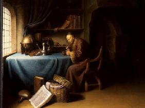 An Old Man Lighting his Pipe in a Study