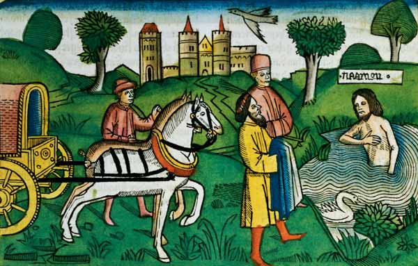 2 Kings 5 14 The cleansing of Naaman (coloured woodcut) de German School, (15th century)