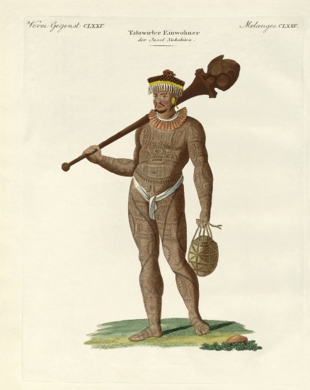 A Nukahiwans with bat and calabashes de German School, (19th century)