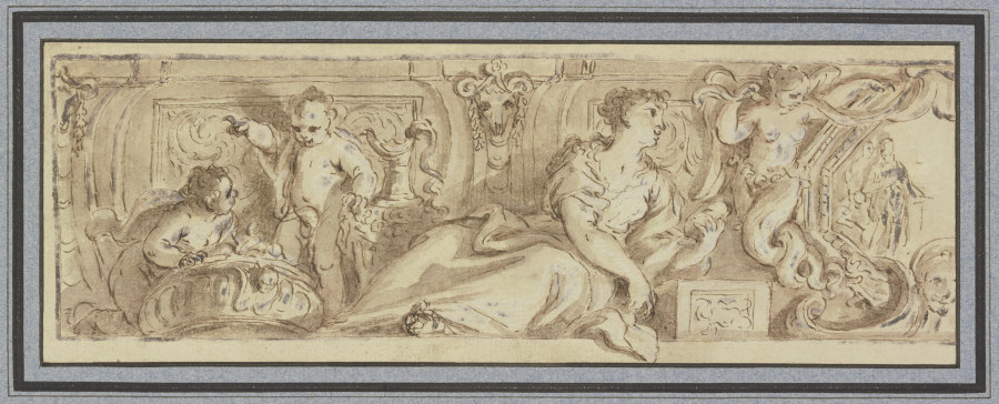 Friesartiges Ornament mit einer liegenden weiblichen Figur, zu ihren Füssen zwei Amoretten bei große de Giambattista Zelotti